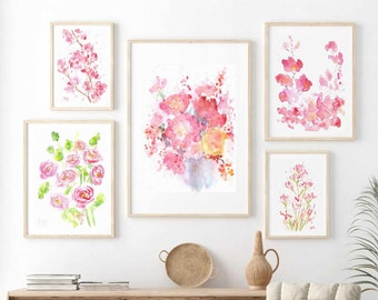 Pink Flower Summer Set Of 5 Watercolor Prints 6 Piece Pink Floral Gallery Wall Set Printable Wall Art Summer Wildflower Instant Download