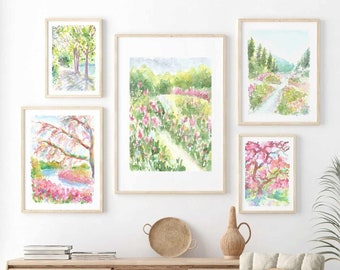 Colorful Set Of 5 Flower Garden Watercolor Digital Print Pink Garden Flowers Print Nature Printable Wall Art Tree Landscape Instant Download