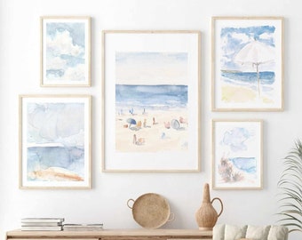 Pastel Blue Set Of 5 Beach Scene Neutral Watercolor Prints 5 Piece Coastal Printable Wall Art Hawaii Coast Ocean Seascape Instant Download