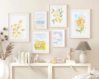 Pastel Yellow Flower Gallery Wall Art Set: Floral Watercolor Eclectic Prints (Digital Download)