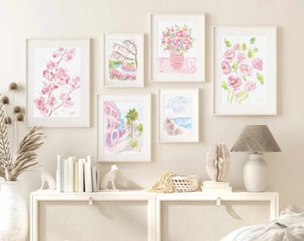 Pastel Pink Eclectic Floral Set Of 6 Watercolor Prints 6 Piece Pastel Pink Gallery Wall Set Printable Wall Art Pink Flower Instant Download