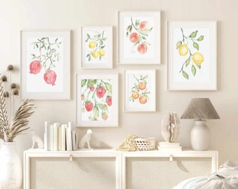 Summer Fruit Watercolor Print Set Of 6 Lemon Citrus Print Orange Fruit Branch Print Strawberry Printable Wall Art Peach Instant Download