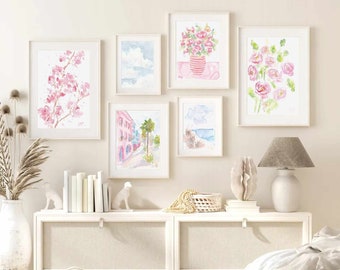 Pastel Pink Blue Summer Set Of 6 Watercolor Prints 6 Piece Pink Flower Gallery Wall Set Printable Wall Art Pink Floral Instant Download