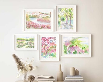 Set Of 5 Flower Garden Watercolor Print Pink Summer Garden Print Pink Green Nature Printable Wall Art Tree Landscape Instant Download