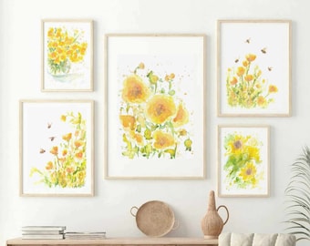 Colorful Yellow Floral Gallery Wall Set Of 5 Summer Flower Watercolor Print 6 Piece Wildflower Printable Art Sunflower Instant Download