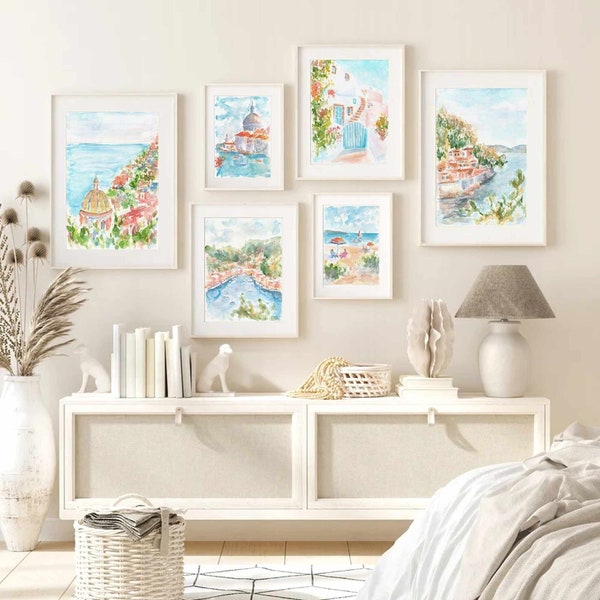 Set Of 6 Italy Watercolor Prints 6 Piece Amalfi Coast Print Mediterranean Seascape Portofino Printable Wall Art Venice Instant Download