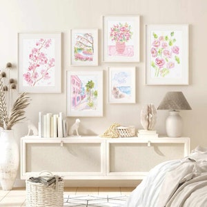 Pastel Pink Eclectic Floral Set Of 6 Watercolor Prints 6 Piece Pastel Pink Gallery Wall Set Printable Wall Art Pink Flower Instant Download