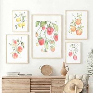 Colorful Fruit Watercolor Print Set Of 5 Strawberry Print Orange Lemon Fruit Branch 5 Piece Printable Wall Art Peach Tree Instant Download
