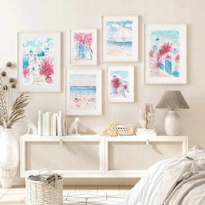 Santorini Coast Watercolor Print Set: Mediterranean Seascape (Digital Download)