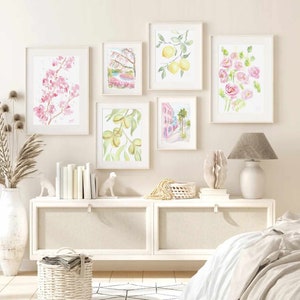 パステルピンクグリーンの折衷的な植物画6点セット、水彩画プリント、6点セット、プレッピーなサマーギャラリーウォールセット、印刷可能なアートフラワー、即時ダウンロード