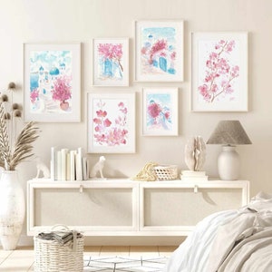 Santorini Watercolor Print Set: Pink Mediterranean Wall Art (Digital Download)