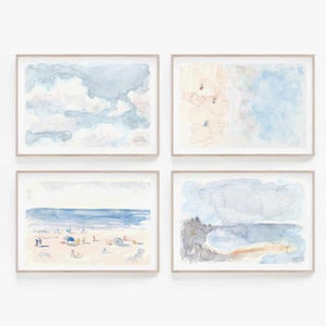 Pastel Blue Set Of 4 Summer Beach Scene Watercolor Digital Prints 4 Piece Aerial Coastal Printable Wall Art Ocean Coast Instant Download