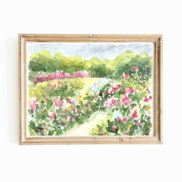 Country Nature Rose Garden Flowers Watercolor Print Pink Flower Nature Landscape Printable Wall Art Impressionist Painting Instant Download