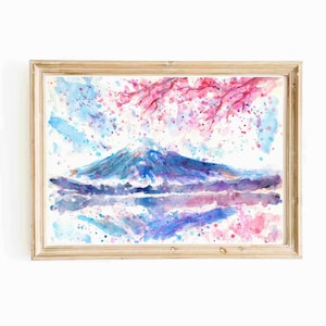 Mount Fuji Watercolor Printable Wall Art Pink Cherry Blossom Digital Print Japanese Landscape Mountain Instant Download Japan Asian Print