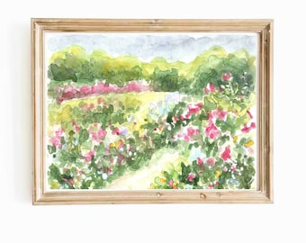 Rose Garden Watercolor Print: Impressionist Landscape Art (Digital Download)