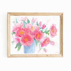 Colorful Pink Peony Watercolor Digital Print Abstract Flower Bouquet Impressionist Printable Wall Art Pink Floral Painting Instant Download