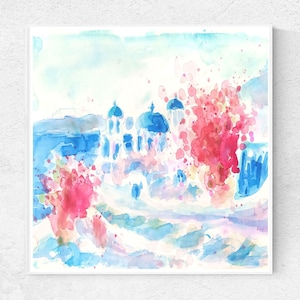 Santorini Watercolor Printable Wall Art Greece Painting Greek Island Mediterranean Landscape Print Santorini Painting Instant Download