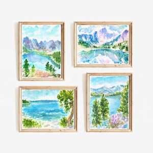 Buntes Set 4 Bergsee Aquarell Digitaldruck 4 Stück Teton Berglandschaft druckbare Wand Kunst Nationalpark Instant Download