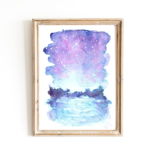 Abstract Galaxy Watercolor Digital Print Indigo Navy Blue Purple Celestial Pintable Wall Art Starry Night Sky Landscape Instant Download