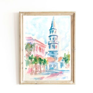 Pastel Pink Charleston South Carolina Watercolor Digital Print Church Street Charleston Print Instant Download Charleston Downtown Printable