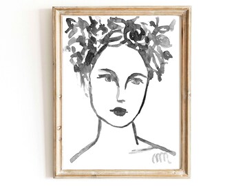 Abstract Woman Watercolor Portrait: Black and White Minimalist Art (Digital Download)