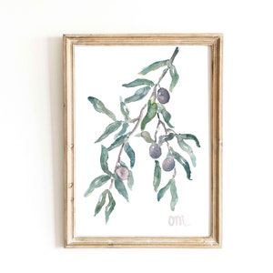 Minimalist Black Olive Tree Branch Watercolor Print Botanical Illustration Printable Wall Art Green Plant Print Greenery Instant Download