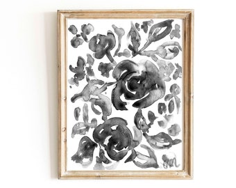 Blanco y negro abstracto flor de peonía acuarela impresión digital Boho floral descarga instantánea impresión botánica flor de peonía imprimible arte de pared