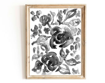 Black and White Peony Watercolor Print: Abstract Floral Wall Art (Digital Download)