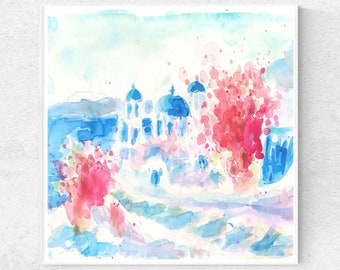 Santorini Greece Watercolor Print: Mediterranean Landscape (Digital Download)