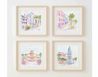 Set Of 4 Charleston South Carolina Square Watercolor Digital Print Rainbow Row Street Printable Wall Art Pineapple Fountain Instant Download