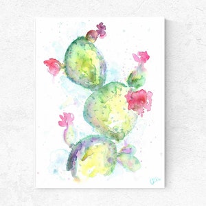 Prickly Pear Cactus Watercolor Print: Pink Green Succulent Art (Digital Download)