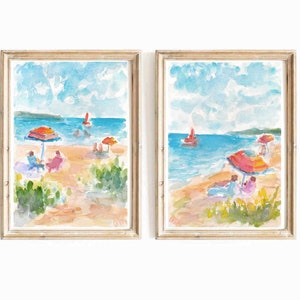 Ensemble d&#39;impressions aquarelle scène de plage : art côtier BCBG (téléchargement numérique)