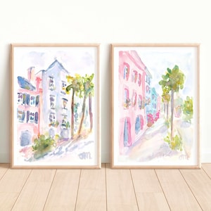 Set Of 2 Charleston South Carolina Pastel Pink Preppy Watercolor Print Rainbow Row Street Printable Wall Art Pink House Instant Download
