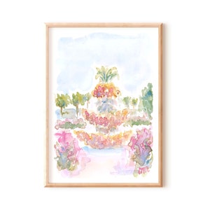 May include: Watercolour painting of a colourful flower arrangement in a garden setting. The flowers are arranged in a pyramid shape and are painted in shades of pink, yellow, and green. The background is a light blue sky with a few clouds.