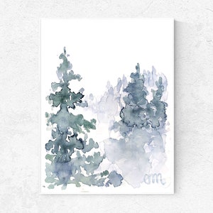 May include: Watercolor painting of a forest scene with blue and green trees. The trees are painted in a loose, abstract style, and the background is a soft, white wash.