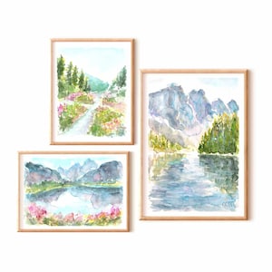 Set von 3 Bergsee Aquarell Druck 3 Stück Berg Blume Druck Natur Landschaft druckbare Wand Kunst Nationalpark Instant Download