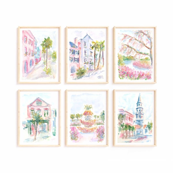 Lot de 6 tirages aquarelle Charleston en Caroline du Sud 6 pièces Rainbow Row maison rose pastel imprimable Art mural rue de l'église Téléchargement instantané