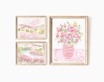 Pastel Pink Flower Watercolor Print Set: Girly Floral Wall Art (Digital Download)