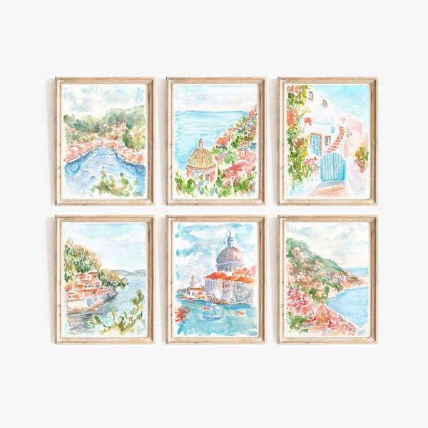 Lot de 6 impressions aquarelle Italie paysage marin méditerranéen Amalfi art mural imprimable impression Venise côte italienne Portofino téléchargement immédiat