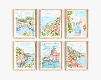 Set Of 6 Italy Watercolor Prints Mediterranean Seascape Amalfi Printable Wall Art Venice Print Italian Coast Portofino Instant Download