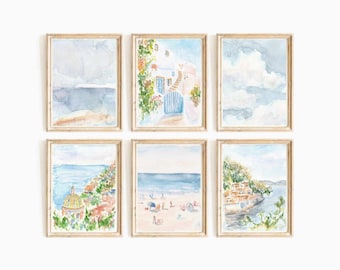 Mediterranean Coast Watercolor Print Set: Amalfi, Greece Coastal Wall Art (Digital Download)