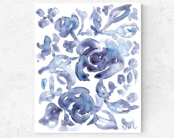 Indigo Blue Abstract Flower Watercolor Digital Print Navy Blue Boho Floral Illustration Instant Download Peony Flower Printable Wall Art