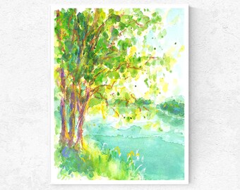 ミシガン湖の水彩画プリント：緑の森の風景ウォールアート（デジタル