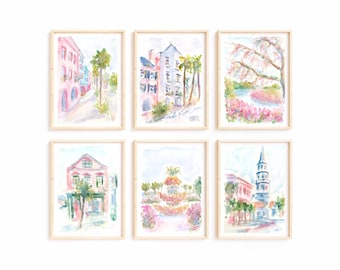 Set di 6 stampe ad acquerello di Charleston South Carolina 6 pezzi Rainbow Row Pastel Pink House stampabile Wall Art Church Street Download immediato