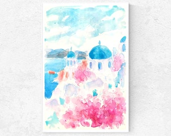 Santorini Greece Watercolor Print: Mediterranean Seascape (Digital Download)