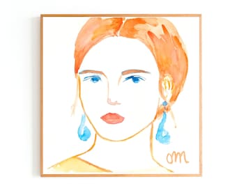 Redhead Woman Watercolor Portrait: Minimalist Art Print (Digital Download)