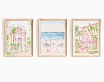 Palm Beach Florida Watercolor Print Set: Pink Hotel, Beach Scene Wall Art (Digital Download)