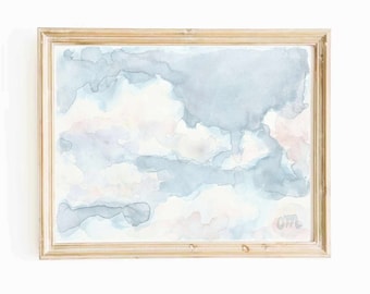 Pastel Blue Clouds Watercolor Print: Abstract Sky Illustration (Digital Download)