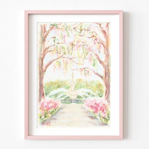 May include: Watercolor painting of a fountain in a garden with pink flowers and trees. The fountain is in the center of the painting and is surrounded by pink flowers and trees. The trees are in the background and are a light green color. The fountain is a light brown color and has a white base. The flowers are a light pink color and are in bloom.