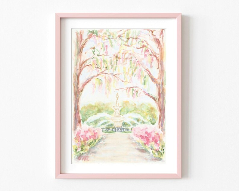 May include: Watercolor painting of a fountain in a garden with pink flowers and trees. The fountain is in the center of the painting and is surrounded by pink flowers and trees. The trees are in the background and are a light green color. The fountain is a light brown color and has a white base. The flowers are a light pink color and are in bloom.